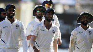 India's Jasprit Bumrah, center, leaves the field with teammates after day two of the second Test cricket match against West Indies at Sabina Park cricket ground in Kingston, Jamaica Saturday, Aug. 31, 2019. Bumrah took six wickets.(AP) India's Jasprit Bumrah, center, leaves the field with teammates after day two of the second Test cricket match against West Indies at Sabina Park cricket ground in Kingston, Jamaica Saturday, Aug. 31, 2019. Bumrah took six wickets.(AP)