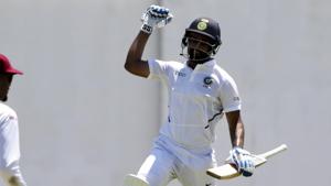 India's Hanuma Vihari celebrates after he scored a century against West Indies.(AP) India's Hanuma Vihari celebrates after he scored a century against West Indies.(AP)