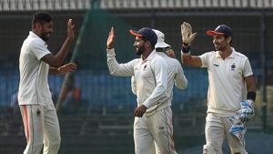 File photo of Avesh Khan with Madhya Pradesh team mates during the Ranji Trophy.(PTI) File photo of Avesh Khan with Madhya Pradesh team mates during the Ranji Trophy.(PTI)