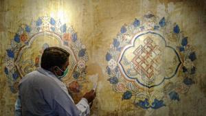 Restoration work underway on iconic Leh Palace.(PTI) Restoration work underway on iconic Leh Palace.(PTI)