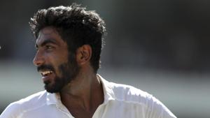 India's Jasprit Bumrah smiles during day two of the second Test cricket match against West Indies(AP) India's Jasprit Bumrah smiles during day two of the second Test cricket match against West Indies(AP)