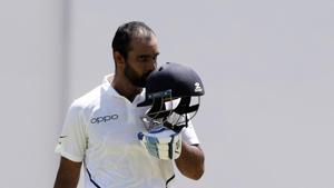 India's Hanuma Vihari celebrates after he scored a century against West Indies during day two of the second Test cricket(AP) India's Hanuma Vihari celebrates after he scored a century against West Indies during day two of the second Test cricket(AP)