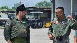 Air Chief Marshal BS Dhanoa and Wing Commander Abhinandan Varthaman after their sortie on the MiG 21 jet, at Airforce Station, Pathankot.(PTI) Air Chief Marshal BS Dhanoa and Wing Commander Abhinandan Varthaman after their sortie on the MiG 21 jet, at Airforce Station, Pathankot.(PTI)
