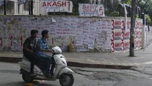 Campaigning poster pasted over the wall a day before DUSU elections at North Campus, Delhi University in New Delhi(Sanchit Khanna/HT file) Campaigning poster pasted over the wall a day before DUSU elections at North Campus, Delhi University in New Delhi(Sanchit Khanna/HT file)