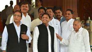 Samajwadi Party founder Mulayam Singh Yadav with his son and party president Akhilesh Yadav and MP Azam Khan on the opening day of the the first session of the 17th Lok Sabha at Parliament House in New Delhi.(Photo:PTI) Samajwadi Party founder Mulayam Singh Yadav with his son and party president Akhilesh Yadav and MP Azam Khan on the opening day of the the first session of the 17th Lok Sabha at Parliament House in New Delhi.(Photo:PTI)