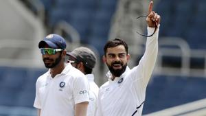 India's captain Virat Kohli celebrates running out West Indies' Shamarh Brooks.(AP) India's captain Virat Kohli celebrates running out West Indies' Shamarh Brooks.(AP)