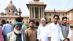 A delegation of panchayat officials from Jammu and Kashmir at the Ministry of Home Affairs after a meeting with Union Home minister Amit Shah, at North Block, New Delhi.(Photo by Vipin Kumar / Hindustan Times) A delegation of panchayat officials from Jammu and Kashmir at the Ministry of Home Affairs after a meeting with Union Home minister Amit Shah, at North Block, New Delhi.(Photo by Vipin Kumar / Hindustan Times)