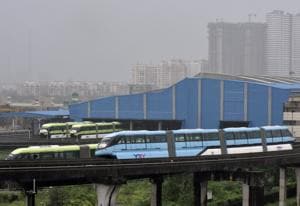 Monorail differs from elevated Metro, as the train moves on a single rail, beam, or tube, with the coaches using rubber tyres for support and movement guidance.(HT FILE) Monorail differs from elevated Metro, as the train moves on a single rail, beam, or tube, with the coaches using rubber tyres for support and movement guidance.(HT FILE)