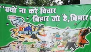 The RJD poster at the party office in Patna which has been put up in response to a hoarding by the ruling Janata Dal (United).(HT Photo) The RJD poster at the party office in Patna which has been put up in response to a hoarding by the ruling Janata Dal (United).(HT Photo)