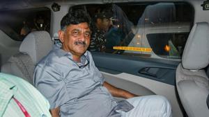 Karnataka Congress leader D K Shivakumar leaves after being produced at Rouse Avenue Court in New Delhi, Wednesday.(Photo: PTI) Karnataka Congress leader D K Shivakumar leaves after being produced at Rouse Avenue Court in New Delhi, Wednesday.(Photo: PTI)