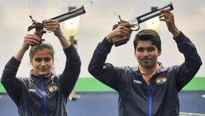 Indian shooters Manu Bhaker and Saurabh Chaudhary won the gold in the final of mixed 10m Air Pistol at ISSF World Cup(Hindustan Times via Getty Images) Indian shooters Manu Bhaker and Saurabh Chaudhary won the gold in the final of mixed 10m Air Pistol at ISSF World Cup(Hindustan Times via Getty Images)