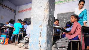 A view of Government Elementary School Kot Mit Singh building which is in dilapidated condition and declared unsafe by the PWD. Students studying in this building in Amritsar on Tuesday. (Photo by Sameer Sehgal/ Hindustan Times) A view of Government Elementary School Kot Mit Singh building which is in dilapidated condition and declared unsafe by the PWD. Students studying in this building in Amritsar on Tuesday. (Photo by Sameer Sehgal/ Hindustan Times)