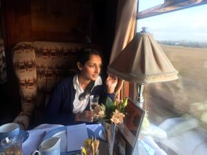 Author Monisha Rajesh on the Belmond British Pullman.(Courtesy the publisher) Author Monisha Rajesh on the Belmond British Pullman.(Courtesy the publisher)