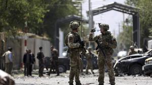 Resolute Support (RS) forces arrive at the site of car bomb explosion in Kabul, Afghanistan. A car bomb rocked the Afghan capital on Thursday and smoke rose from a part of eastern Kabul near a neighborhood housing the US Embassy, the NATO Resolute Support mission and other diplomatic missions.(Photo: AP) Resolute Support (RS) forces arrive at the site of car bomb explosion in Kabul, Afghanistan. A car bomb rocked the Afghan capital on Thursday and smoke rose from a part of eastern Kabul near a neighborhood housing the US Embassy, the NATO Resolute Support mission and other diplomatic missions.(Photo: AP)