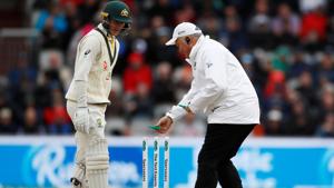 Bails kept falling off the stumps owing to strong winds(Action Images via Reuters) Bails kept falling off the stumps owing to strong winds(Action Images via Reuters)
