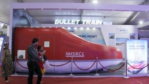 National High Speed Rail Corporation Ltd(NHSRCL) display a replica of Bullet Train which will run from Mumbai to Ahmedabad.(Pramod Thakur/HT File Photo) National High Speed Rail Corporation Ltd(NHSRCL) display a replica of Bullet Train which will run from Mumbai to Ahmedabad.(Pramod Thakur/HT File Photo)