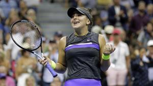 Bianca Andreescu, of Canada, reacts after defeating Elise Mertens, of Belgium, during the quarterfinals of the U.S. Open tennis tournament, Wednesday, Sept. 4, 2019, in New York.(AP)