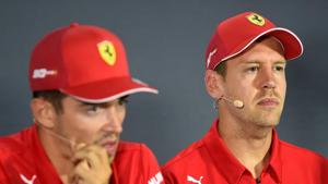 Ferrari's Charles Leclerc and Sebastian Vettel during the press conference.(REUTERS) Ferrari's Charles Leclerc and Sebastian Vettel during the press conference.(REUTERS)