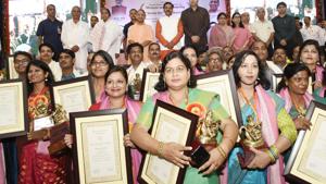 Group Photo , On the Occasion of Teachers Day , Teacher's Honor Ceremony and Prerna App Launched by UP Chief Minister Yogi Adityanath, where Minister Dr Satish Chandra Dwivedi, Minister Mohsin Raza and Minister Gulab Devi ,at IGP, Gomti Nagar Lucknow, Uttar Pradesh, India(Dheeraj Dhawan/Hindustan Times) Group Photo , On the Occasion of Teachers Day , Teacher's Honor Ceremony and Prerna App Launched by UP Chief Minister Yogi Adityanath, where Minister Dr Satish Chandra Dwivedi, Minister Mohsin Raza and Minister Gulab Devi ,at IGP, Gomti Nagar Lucknow, Uttar Pradesh, India(Dheeraj Dhawan/Hindustan Times)