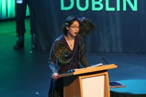 Jeannette Ng speaking after receiving the John W Campbell Award for Best New Writer(Xander Cosgrave) Jeannette Ng speaking after receiving the John W Campbell Award for Best New Writer(Xander Cosgrave)