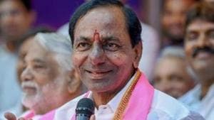 Telangana chief minister K Chandrashekar Rao (KCR) has had his images and his party’s symbol carved on one of the pillars of the Yadadri Temple.(PTI PHOTO.) Telangana chief minister K Chandrashekar Rao (KCR) has had his images and his party’s symbol carved on one of the pillars of the Yadadri Temple.(PTI PHOTO.)