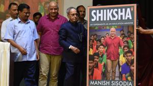 Delhi Chief Minister Arvind Kejriwal, Deputy Chief Minister Manish Sisodia and former President Pranab Mukherjee during the release of Sisodia’s book ‘Shiksha,’ at NDMC Convention Centre, in New Delhi, India, on Thursday(Raj K Raj/HT PHOTO) Delhi Chief Minister Arvind Kejriwal, Deputy Chief Minister Manish Sisodia and former President Pranab Mukherjee during the release of Sisodia’s book ‘Shiksha,’ at NDMC Convention Centre, in New Delhi, India, on Thursday(Raj K Raj/HT PHOTO)