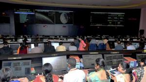 Officials watch live telecast of Chandrayaan 2 at ISRO Telemetry Tracking and Command Network (ISTRAC) prior to the soft landing of Vikram module of Chandrayaan 2 on lunar surface,in Bengaluru on Saturday.(PTI Photo/Isro Twitter) Officials watch live telecast of Chandrayaan 2 at ISRO Telemetry Tracking and Command Network (ISTRAC) prior to the soft landing of Vikram module of Chandrayaan 2 on lunar surface,in Bengaluru on Saturday.(PTI Photo/Isro Twitter)