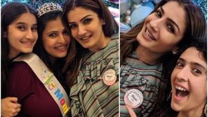 (Left) Raveena Tandon with daughters Chhaya Tandon and Rasha Thadani and (right) with Pooja Makhija.(Instagram) (Left) Raveena Tandon with daughters Chhaya Tandon and Rasha Thadani and (right) with Pooja Makhija.(Instagram)