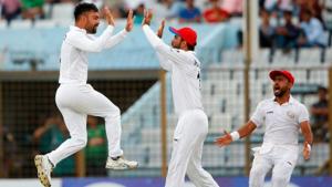 Rashid Khan celebrates during the Test match between Afghanistan and Bangladesh.(Twitter) Rashid Khan celebrates during the Test match between Afghanistan and Bangladesh.(Twitter)