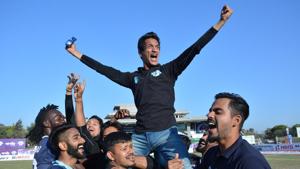 Ranjit Bajaj celebrates Minerva Punjab FC’s win in I-League 2017-18 championship at Panchkula.(Hindustan Times) Ranjit Bajaj celebrates Minerva Punjab FC’s win in I-League 2017-18 championship at Panchkula.(Hindustan Times)