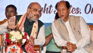 Union Home Minister Amit Shah and Nagaland Chief Minister Neiphiu Rio during the 4th Conclave of the North East Democratic Alliance (NEDA), in Guwahati on Monday.(PTI PHOTO.) Union Home Minister Amit Shah and Nagaland Chief Minister Neiphiu Rio during the 4th Conclave of the North East Democratic Alliance (NEDA), in Guwahati on Monday.(PTI PHOTO.)