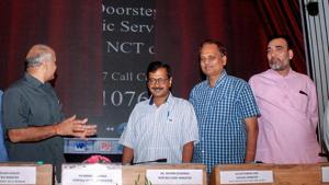 New Delhi: Delhi chief minister Arvind Kejriwal with Dy CM Manish Sisodia and other ministers at the launch of the scheme for doorstep delivery of public services, in New Delhi, Monday, Sept 10, 2018. (PTI Photo) (PTI9_10_2018_000303B)(PTI) New Delhi: Delhi chief minister Arvind Kejriwal with Dy CM Manish Sisodia and other ministers at the launch of the scheme for doorstep delivery of public services, in New Delhi, Monday, Sept 10, 2018. (PTI Photo) (PTI9_10_2018_000303B)(PTI)