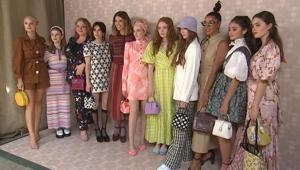 This Sept. 7, 2019 photo taken from video shows, from left, Julia Schlaepfer, Emma Nelson, Danielle Macdonald, Emma Roberts, Katherine Schwarzenegger, Julia Garner, Sadie Sink, Larsen Thompson, Hannah Bronfman, Selena Qureshi and Molly Gordon attending the Kate Spade show during Fashion Week in New York. (AP Photo/Juan Carlos Velasquez)(AP) This Sept. 7, 2019 photo taken from video shows, from left, Julia Schlaepfer, Emma Nelson, Danielle Macdonald, Emma Roberts, Katherine Schwarzenegger, Julia Garner, Sadie Sink, Larsen Thompson, Hannah Bronfman, Selena Qureshi and Molly Gordon attending the Kate Spade show during Fashion Week in New York. (AP Photo/Juan Carlos Velasquez)(AP)