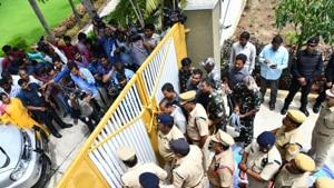 The police stopped Naidu and his son Lokesh, who is an MLC, when they were heading to Atmakur village in Palnadu region in Guntur district along with 127 families, who were allegedly assaulted and hounded out of the region by the ruling YSR Congress ranks last month.(HT Photo) The police stopped Naidu and his son Lokesh, who is an MLC, when they were heading to Atmakur village in Palnadu region in Guntur district along with 127 families, who were allegedly assaulted and hounded out of the region by the ruling YSR Congress ranks last month.(HT Photo)