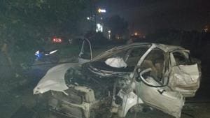 The mangled remains of the Maruti Swift Dzire car that overturned near Sherpur Chowk on Wednesday(HT PHOTO) The mangled remains of the Maruti Swift Dzire car that overturned near Sherpur Chowk on Wednesday(HT PHOTO)