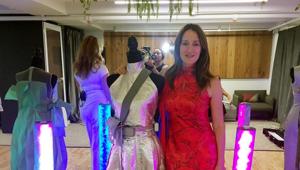 Clare Tattersall poses with some of her creations her at the Robotic Dress Exhibition on September 9, 2019 in New York. - Perfect for the post #MeToo era, on the catwalks of New York Fashion Week paraded a dress with metal leaves on one shoulder that shake and tinkle when someone gets too close.(AFP) Clare Tattersall poses with some of her creations her at the Robotic Dress Exhibition on September 9, 2019 in New York. - Perfect for the post #MeToo era, on the catwalks of New York Fashion Week paraded a dress with metal leaves on one shoulder that shake and tinkle when someone gets too close.(AFP)