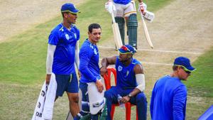 South African players during a practice session at the Himachal Pradesh Cricket Association cricket stadium in Dharamshala.(PTI) South African players during a practice session at the Himachal Pradesh Cricket Association cricket stadium in Dharamshala.(PTI)