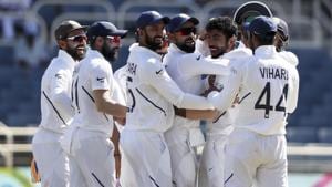 India's Jasprit Bumrah is congratulated by teammates for his hat-trick wicket.(AP)