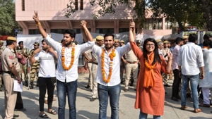 (L to R) ABVP candidates Pradeep Tanwar, Vice president , Akshit Dhaiya President and Shivangi Kharwal, Joint Secretary posing for photographs after winning the DUSU elections at Police lines Kingsway Camp. (Sanchit Khanna/ HT Photo) (L to R) ABVP candidates Pradeep Tanwar, Vice president , Akshit Dhaiya President and Shivangi Kharwal, Joint Secretary posing for photographs after winning the DUSU elections at Police lines Kingsway Camp. (Sanchit Khanna/ HT Photo)