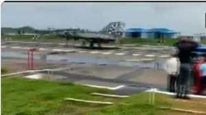 The Light Combat Aircraft (Navy) on Friday conducted a critical test by successfully executing the first-ever arrested landing at a shore-based facility, INS Hansa in Goa.(ANI video grab)