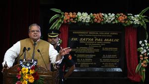 Governor of Jammu and Kashmir Satya Pal Malik addresses after laying the foundation stone of Cancer Hospital in Jammu on Saturday. (ANI Photo) Governor of Jammu and Kashmir Satya Pal Malik addresses after laying the foundation stone of Cancer Hospital in Jammu on Saturday. (ANI Photo)