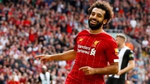 Mohamed Salah celebrates after scoring for Liverpool.(Reuters) Mohamed Salah celebrates after scoring for Liverpool.(Reuters)