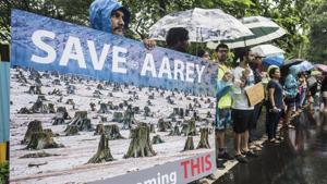 People participated a protest for metro car shed at Aarey colony in Mumbai.(Satyabrata Tripathy/HT Photo) People participated a protest for metro car shed at Aarey colony in Mumbai.(Satyabrata Tripathy/HT Photo)