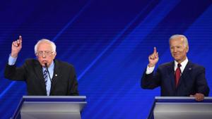 Democratic presidential hopefuls Senator of Vermont Bernie Sanders (R) and Former Vice President Joe Biden (R) participate during the third Democratic primary debate of the 2020 presidential campaign season hosted by ABC News in partnership with Univision at Texas Southern University in Houston.(AFP) Democratic presidential hopefuls Senator of Vermont Bernie Sanders (R) and Former Vice President Joe Biden (R) participate during the third Democratic primary debate of the 2020 presidential campaign season hosted by ABC News in partnership with Univision at Texas Southern University in Houston.(AFP)