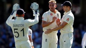 England's Stuart Broad celebrates taking the wicket of Australia's Marcus Harris.(Action Images via Reuters) England's Stuart Broad celebrates taking the wicket of Australia's Marcus Harris.(Action Images via Reuters)
