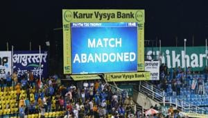 An electronic screen reads, 'match abandoned' at Himachal Pradesh Cricket Association stadium.(PTI) An electronic screen reads, 'match abandoned' at Himachal Pradesh Cricket Association stadium.(PTI)