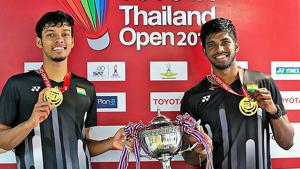 Satwiksairaj Rankireddy and Chirag Shetty pose with their medals and trophy after winning the Thailand Open 2019.(PTI) Satwiksairaj Rankireddy and Chirag Shetty pose with their medals and trophy after winning the Thailand Open 2019.(PTI)