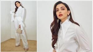 Deepika Padukone wore an all-white outfit for her event in Delhi.