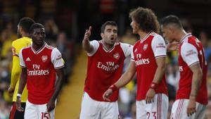 Arsenal’s Sokratis Papastathopoulos, center, shouts at his teammates during their English Premier League match against Watford.(AP) Arsenal’s Sokratis Papastathopoulos, center, shouts at his teammates during their English Premier League match against Watford.(AP)