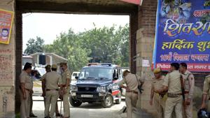 Police personnel on guard, at Dasna, in Ghaziabad, on Sunday, September 15, 2019, following clashes between members of two castes.(Sakib Ali / HT Photo) Police personnel on guard, at Dasna, in Ghaziabad, on Sunday, September 15, 2019, following clashes between members of two castes.(Sakib Ali / HT Photo)